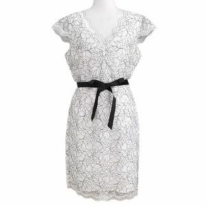 CALVIN KLEIN WHITE BLACK LACE SHORT SLEEVE BELTED SCALLOPED FORMAL DRESS  - 10